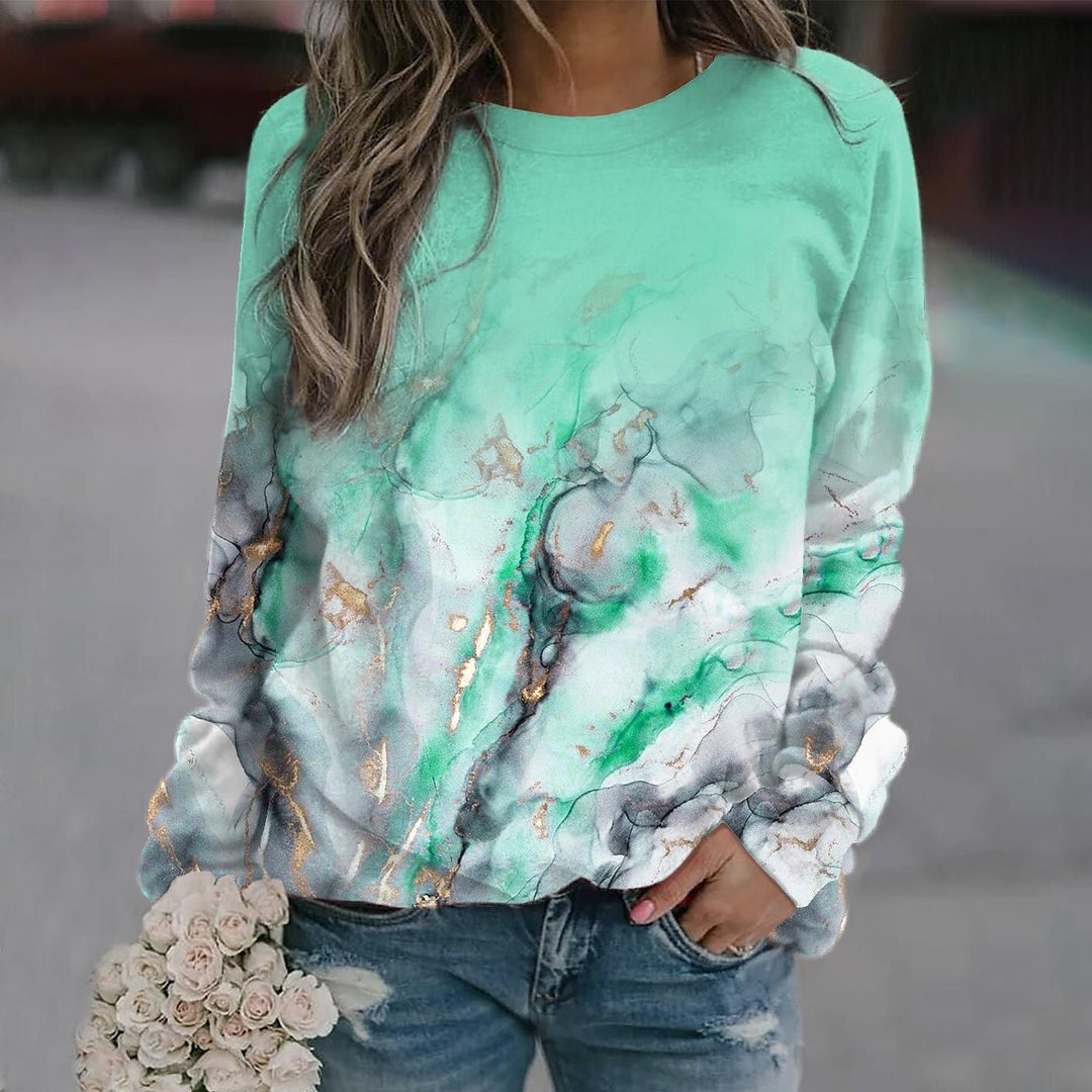 Geometrically Loose Printed Long Sleeved Round Neck Sweater