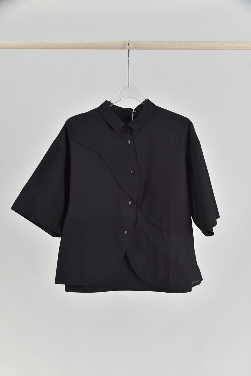 retro patchwork lapel short sleeve shirt, view 3 - MRSLM