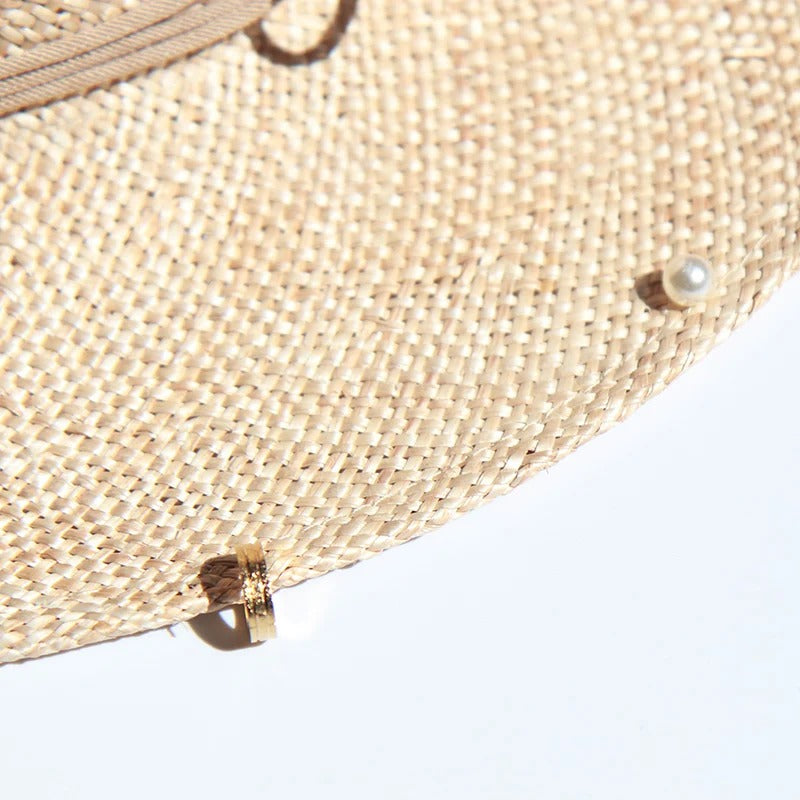 raffia sun hat with chain and pin detail, view 6 - MRSLM