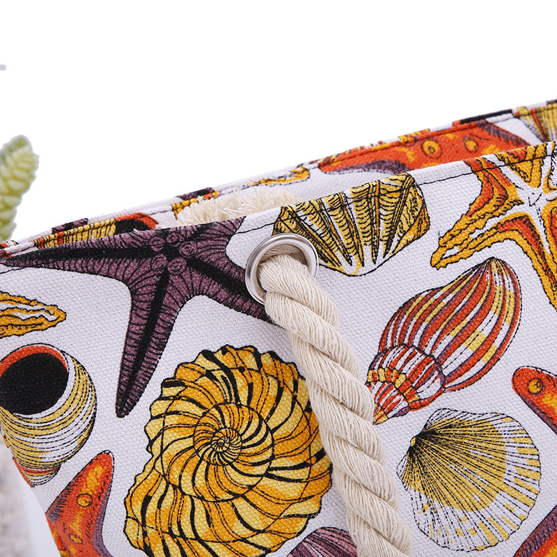 canvas beach tote bag with shell print, view 6 - MRSLM