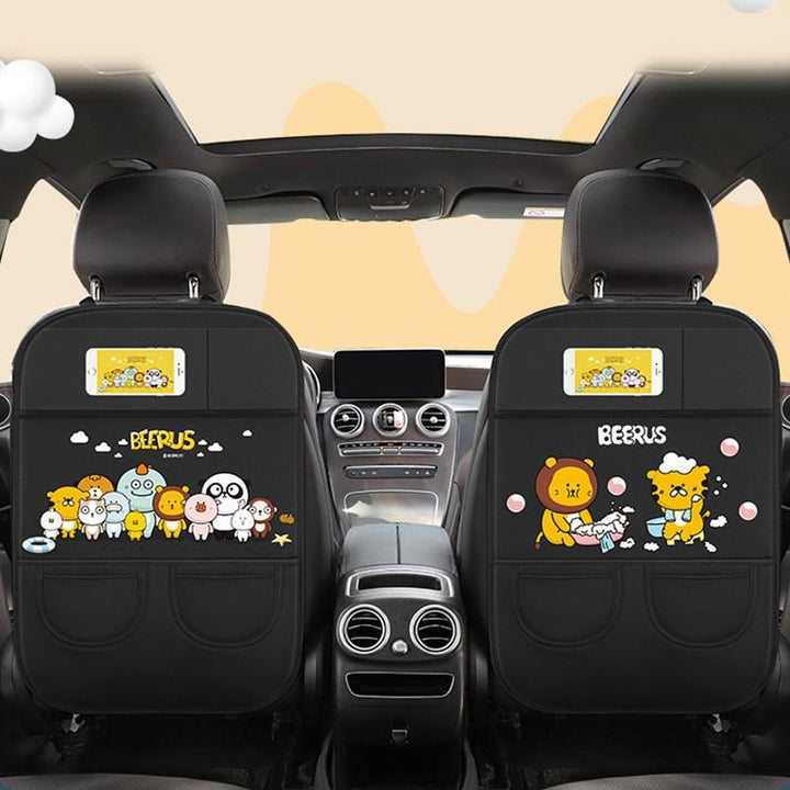 Car Seat Back Protector with Cartoon Design & Storage Pocket