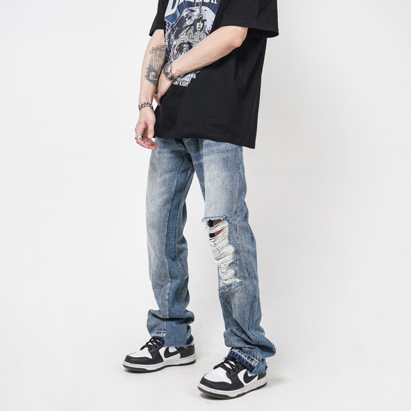 men's straight loose hole jeans, view 2 - MRSLM