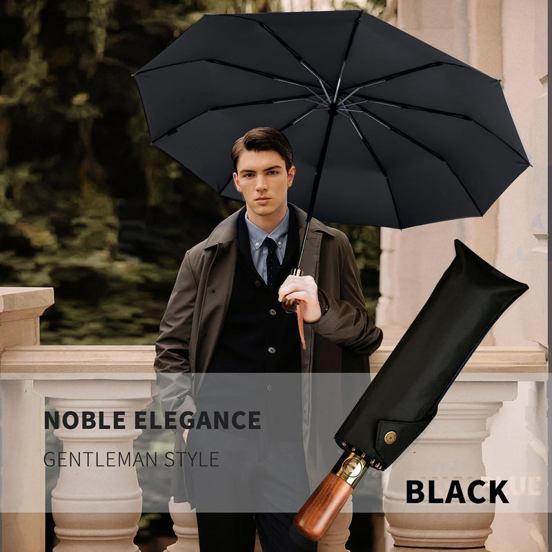 large automatic folding umbrella with wooden handle, view 6 - MRSLM