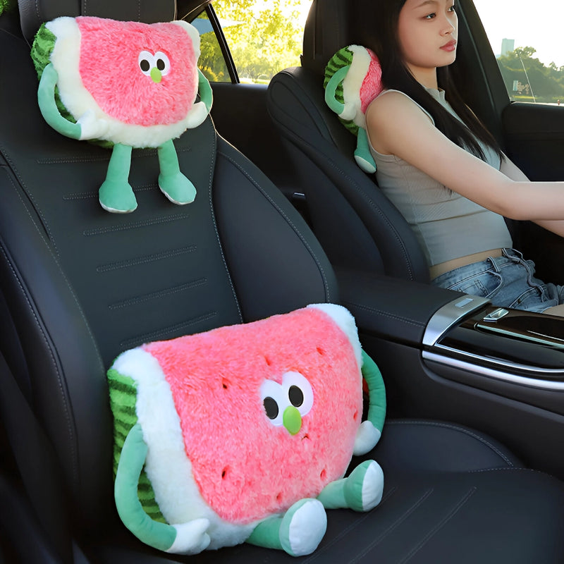 Almofada de apoio lombar e de cabeça com um design fofo de melancia para maior conforto no carro.