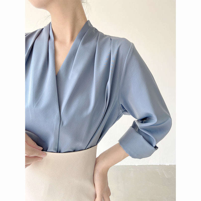 women's v-neck satin shirt top, view 5 - MRSLM