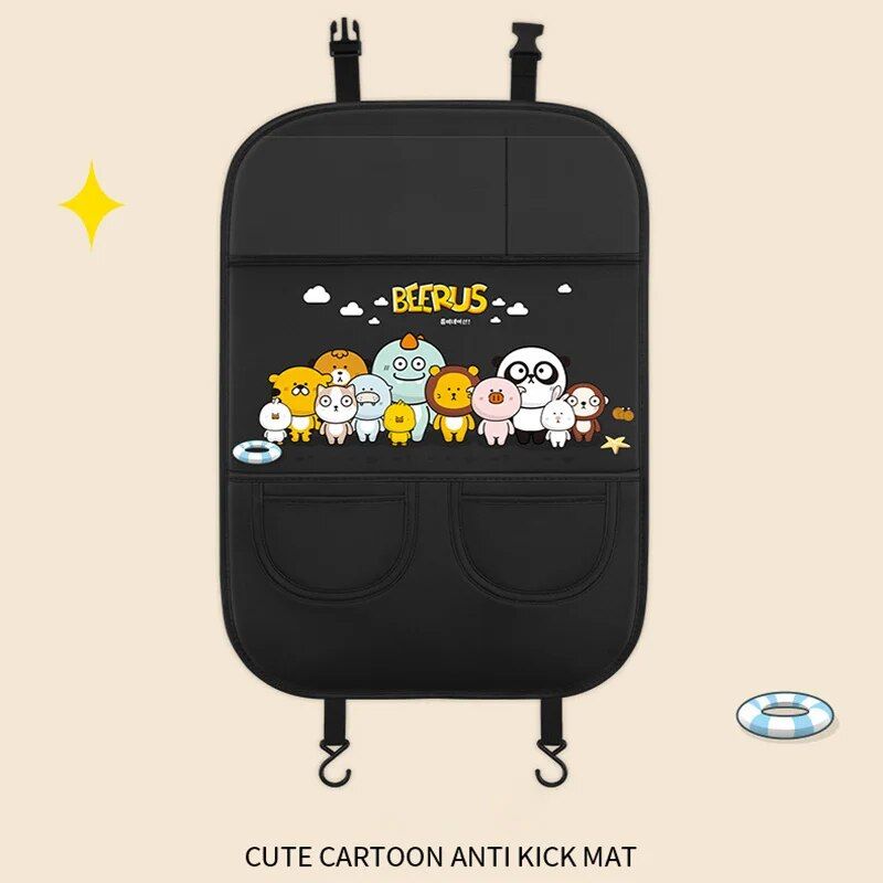 Car Seat Back Protector with Cartoon Design & Storage Pocket