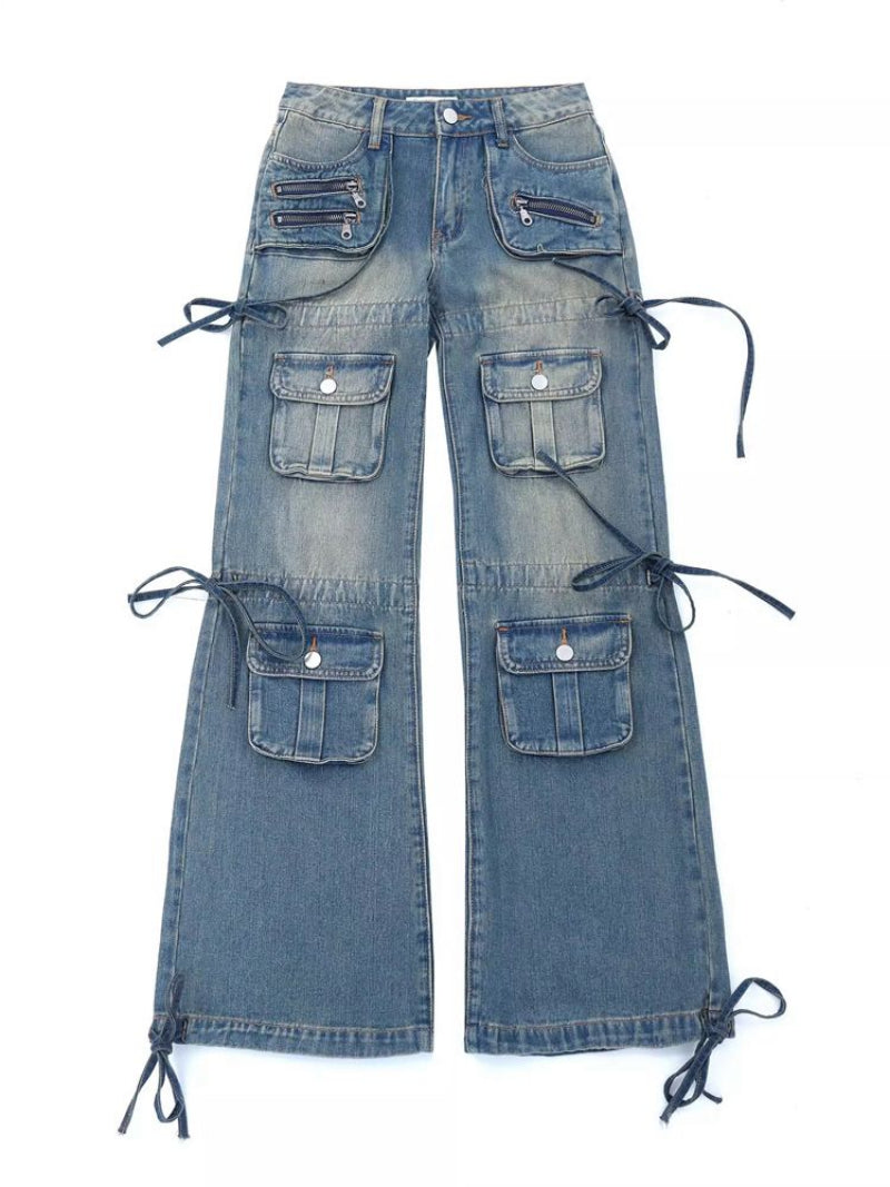 Women's Multi-pocket Heavy-duty Washed Drawstring Jeans