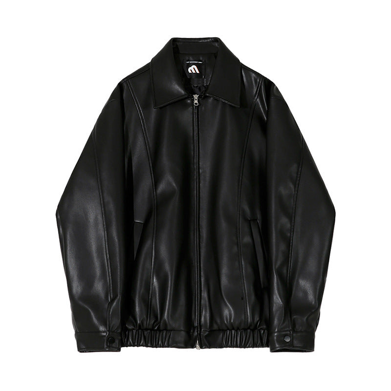 cropped pu leather jacket men polo collar, view 5 - MRSLM