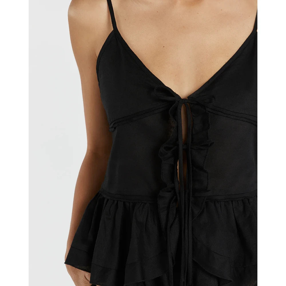 Summer V-Neck Cami Top with Spaghetti Straps and Tie-Up Detail
