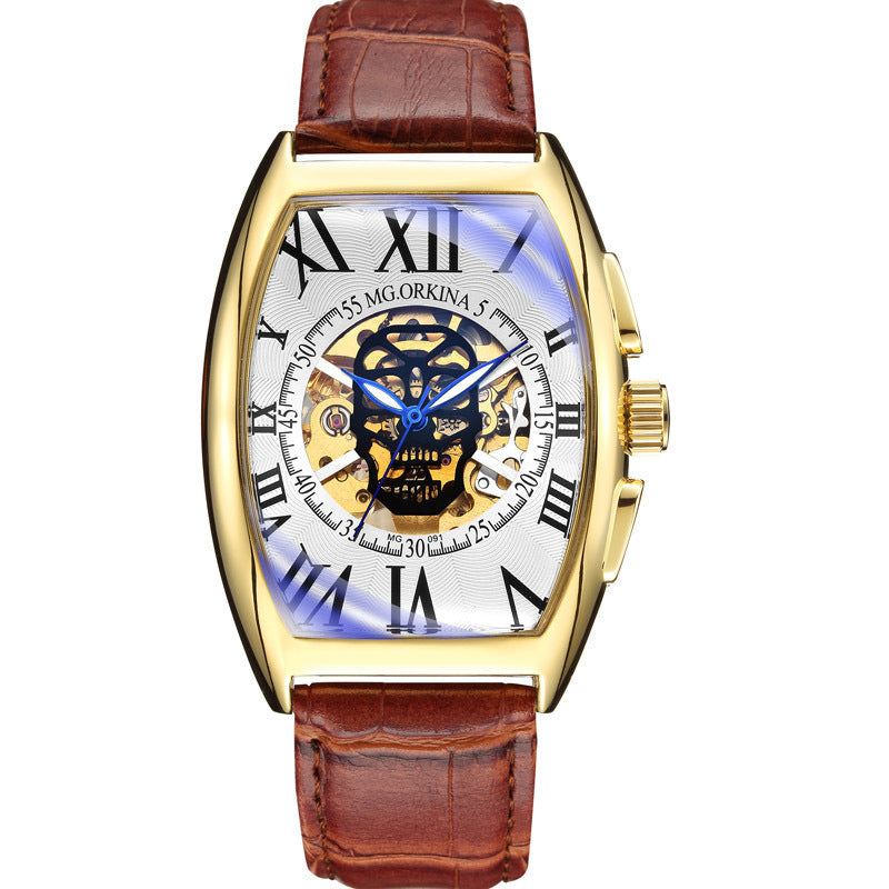 Mechanische Herrenuhr im Weinfass-Design, quadratisch, hohl, transparenter Boden