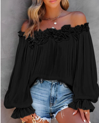 Ruffled Off-shoulder Long-sleeved Top