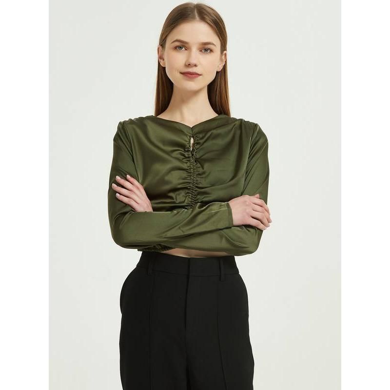 Elegante grüne Seidenchiffonbluse mit langen Ärmeln
