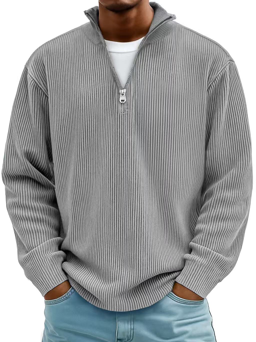 Corduroy Zipper Stand Collar Sweatshirt Fashion Warm Solid Color Long Sleeve Top Men&