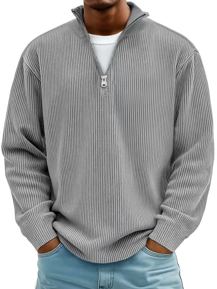 Corduroy Zipper Stand Collar Sweatshirt Fashion Warm Solid Color Long Sleeve Top Men&