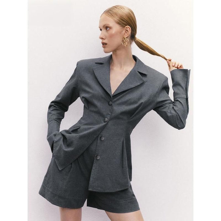Elegant Slim-Fit Two-Piece Outfit: Long Sleeve Shirt & High Waist Shorts