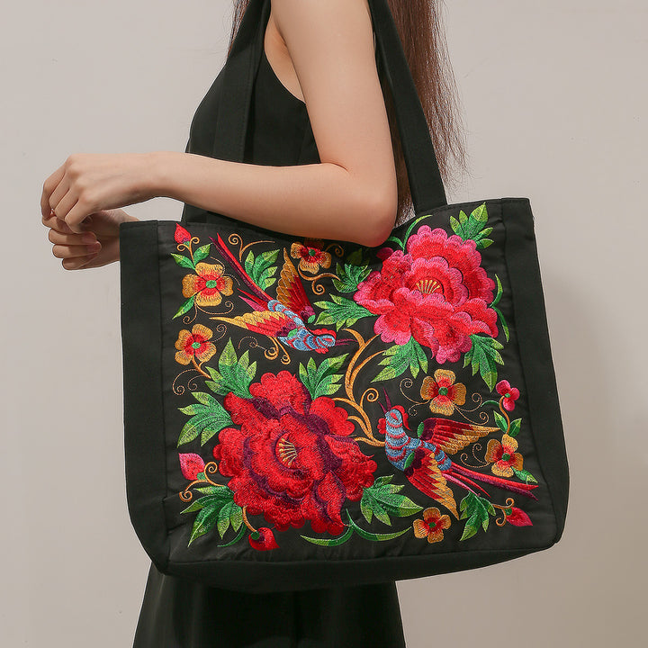 Elegant Phoenix Embroidered Canvas Shoulder Bag for Women