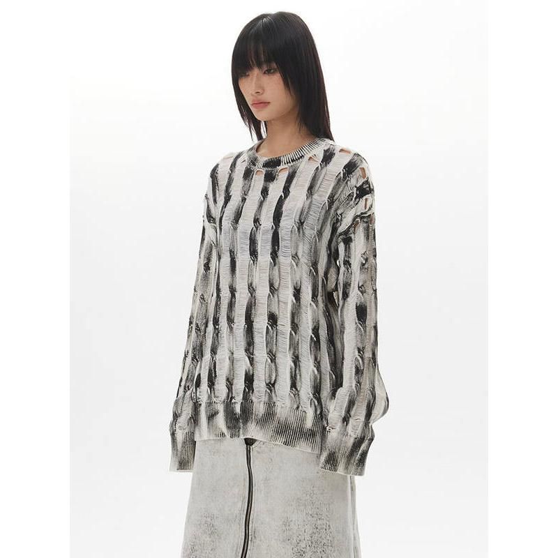striped knit pullover with hollow accents, view 4 - MRSLM