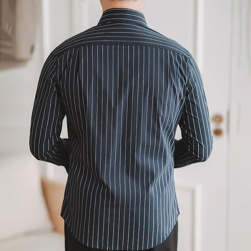 non-iron blue stripe shirt, view 6 - MRSLM