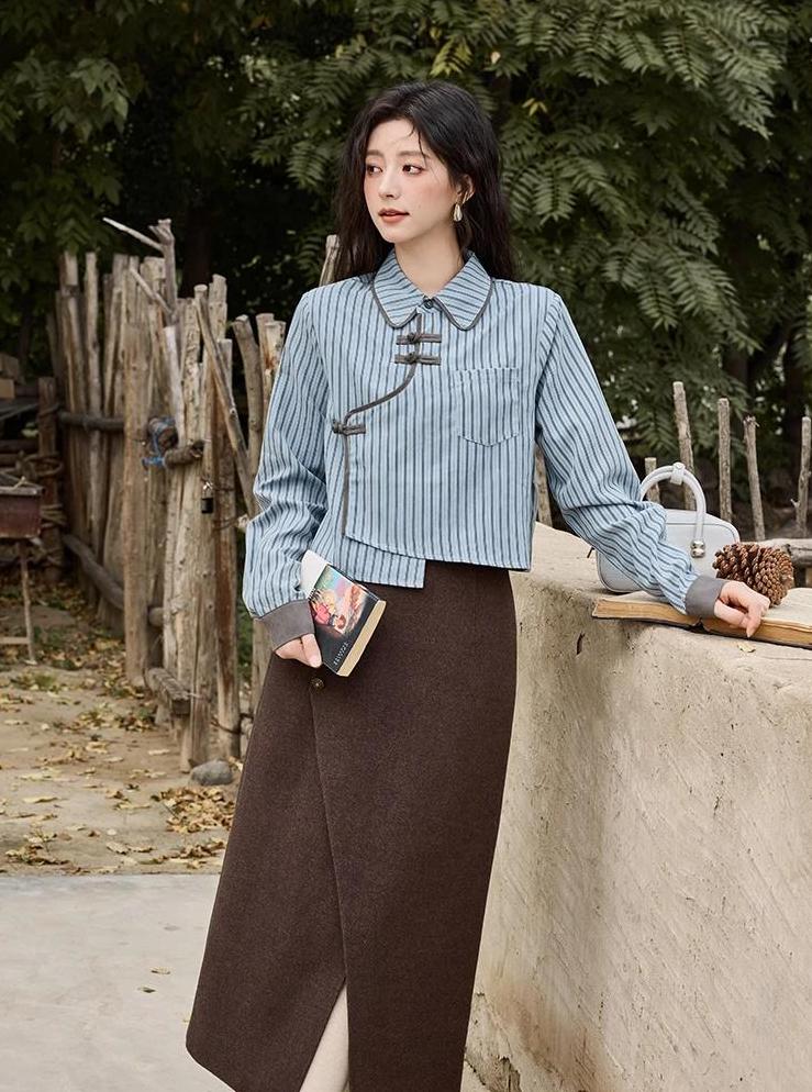 blue-grey striped patchwork blouse, view 8 - MRSLM