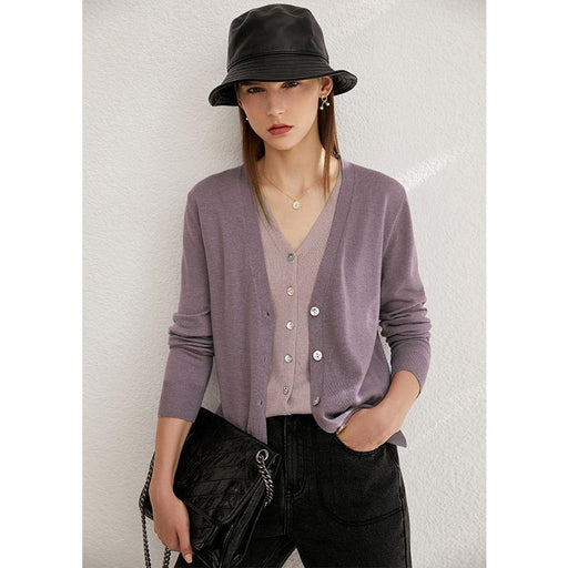 minimalist v-neck wool blend cardigan, view 2 - MRSLM