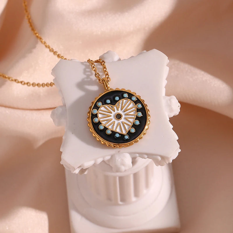 black and white enamel heart sunburst necklace, view 7 - MRSLM