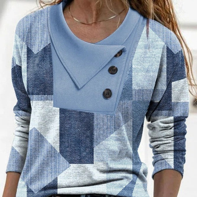 Crossover Collar Button Print Long-sleeved T-shirt Clothing