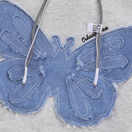 Retro Patch Denim Butterfly Flower Hooded Sweatshirt