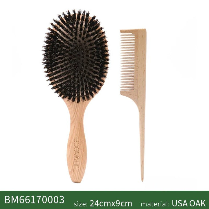 Oak Wood Boar Bristle Hair Brush for Detangling and Scalp Massage