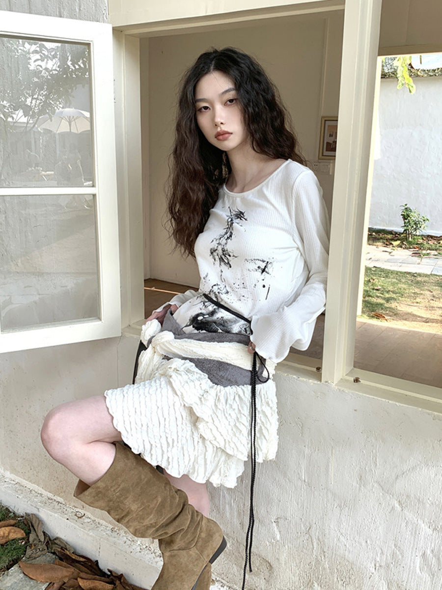 Printed Knitted T-shirt High Waist Short Irregular Skirt Two-piece Set