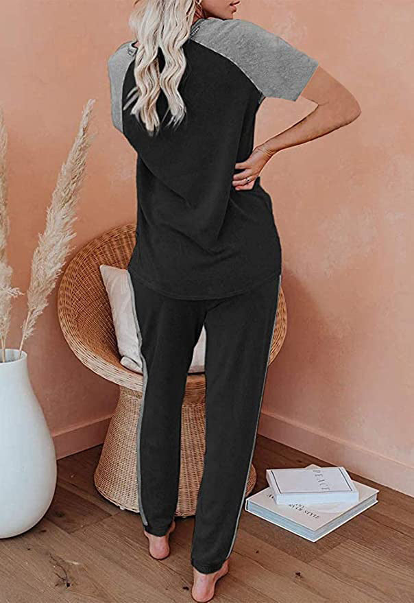 Solid Color Stitching Fashion Round Neck Short Sleeves Casual Suit