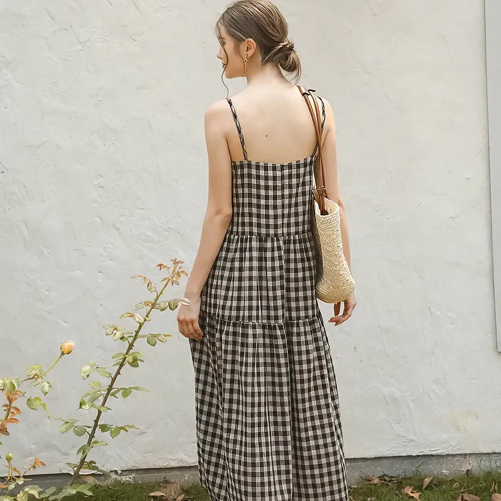 Vintage Plaid Cotton Linen Summer Dress