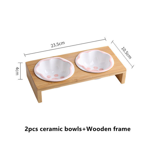 cartoon paw raised pet bowl with wooden stand, view 4 - MRSLM