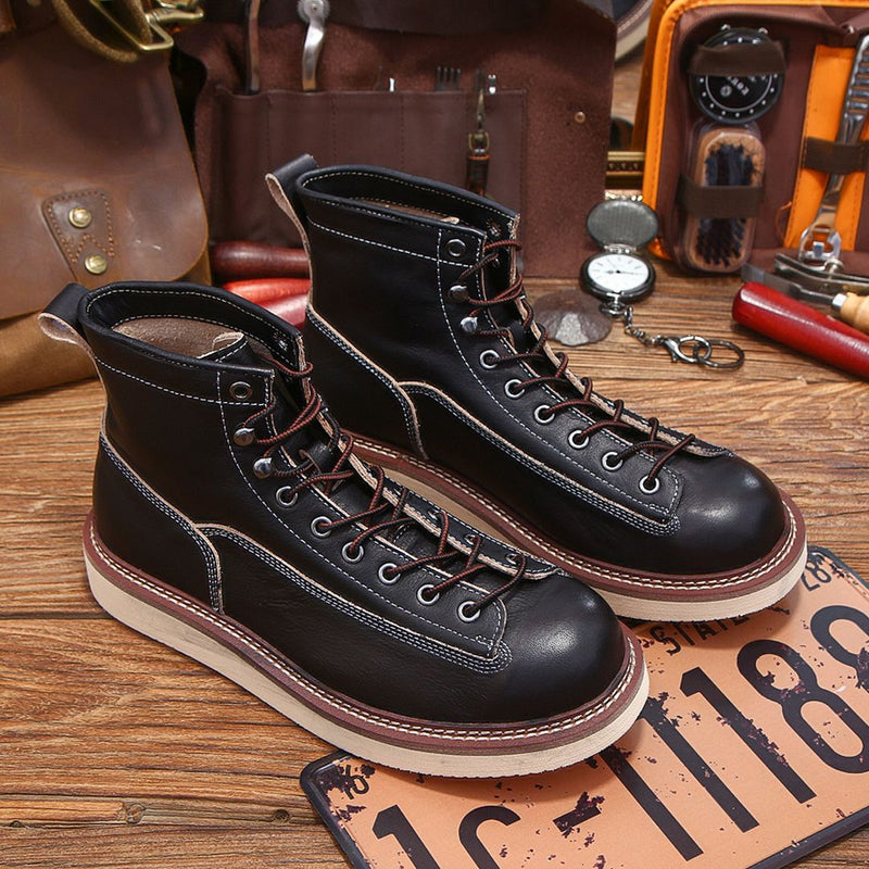 Botas de cano curto vintage masculinas feitas à mão em couro bovino