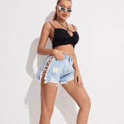 high waist denim shorts, view 2 - MRSLM