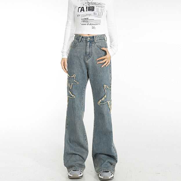 Spring High-waisted Draping Straight Slightly Flared Jeans