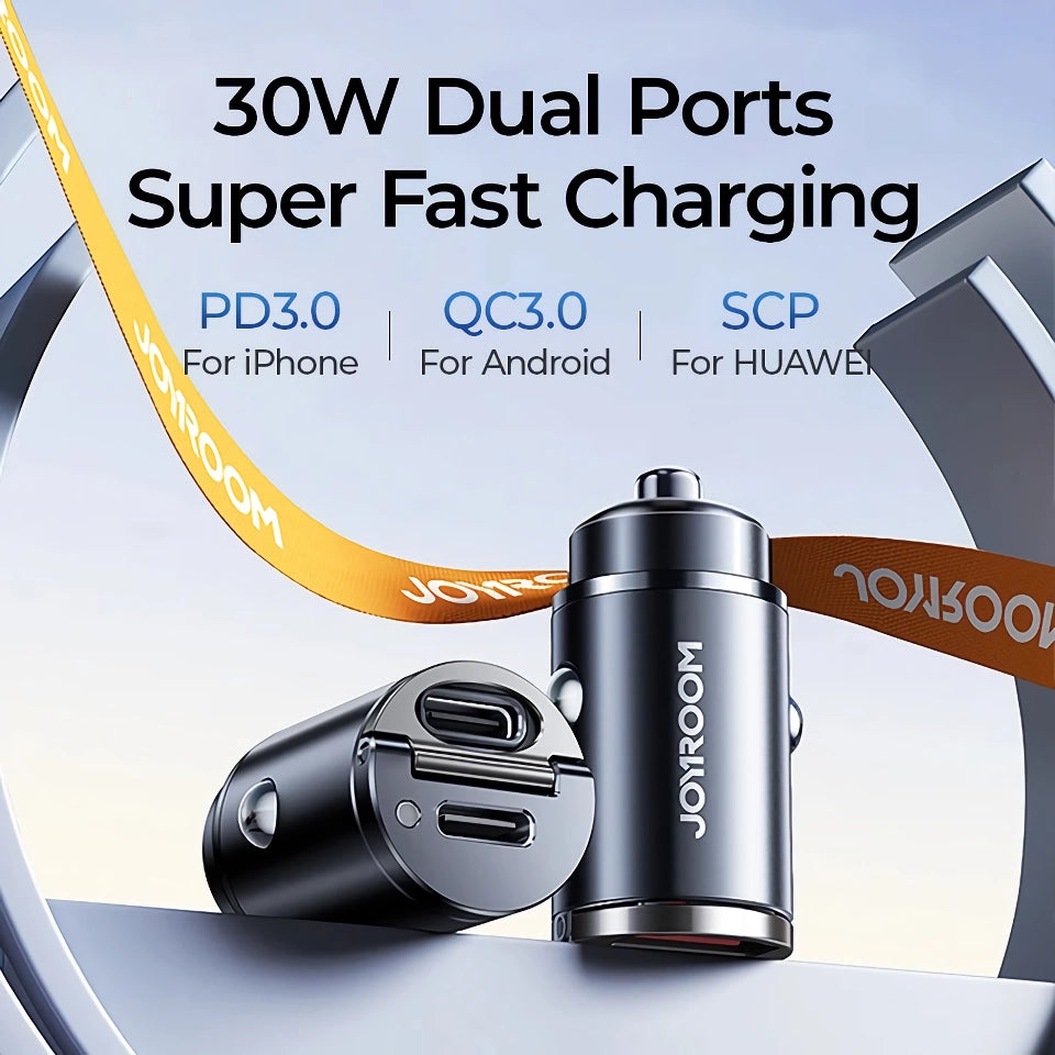 Carregador veicular de 30 W com duas portas – Adaptador mini USB tipo C para carregamento rápido com anel de puxar