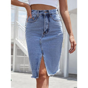 high waist split denim midi skirt, view 6 - MRSLM