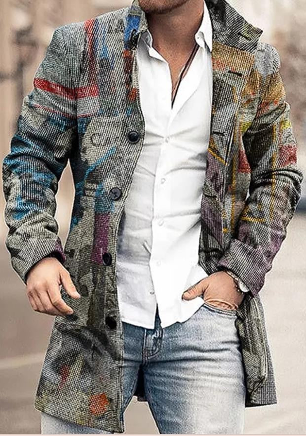 Casaco casual masculino de lã com gola alta e comprimento médio