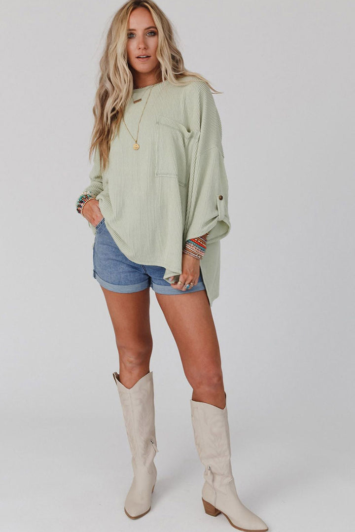 Solid Color Sweater Loose Casual Pocket Curling Threaded Long Sleeve Top