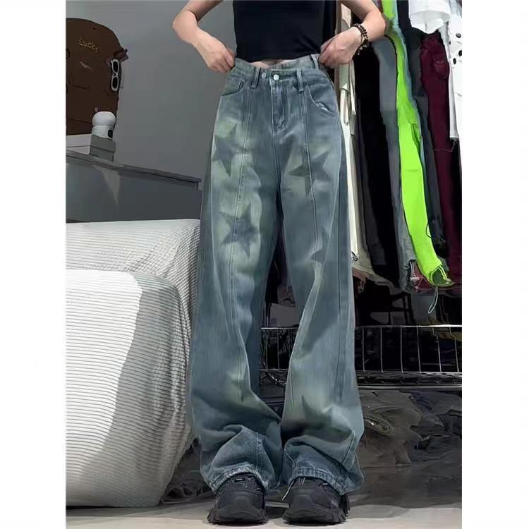 Damen-Jeans mit Print, unregelmäßigem Schnitt, hohem Bund und weitem Bein