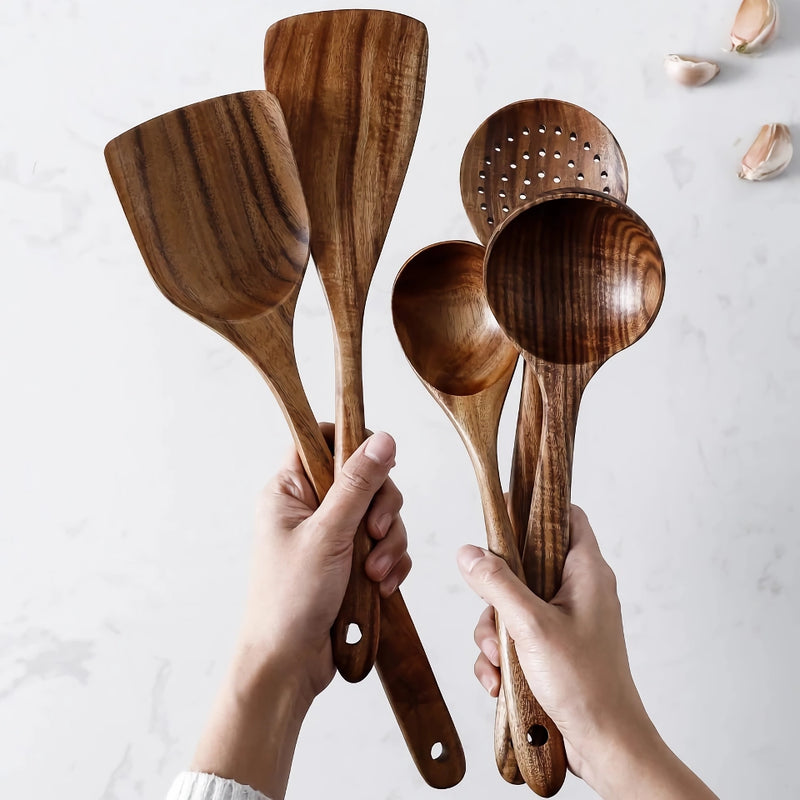teak wood cooking utensils set, view 4 - MRSLM