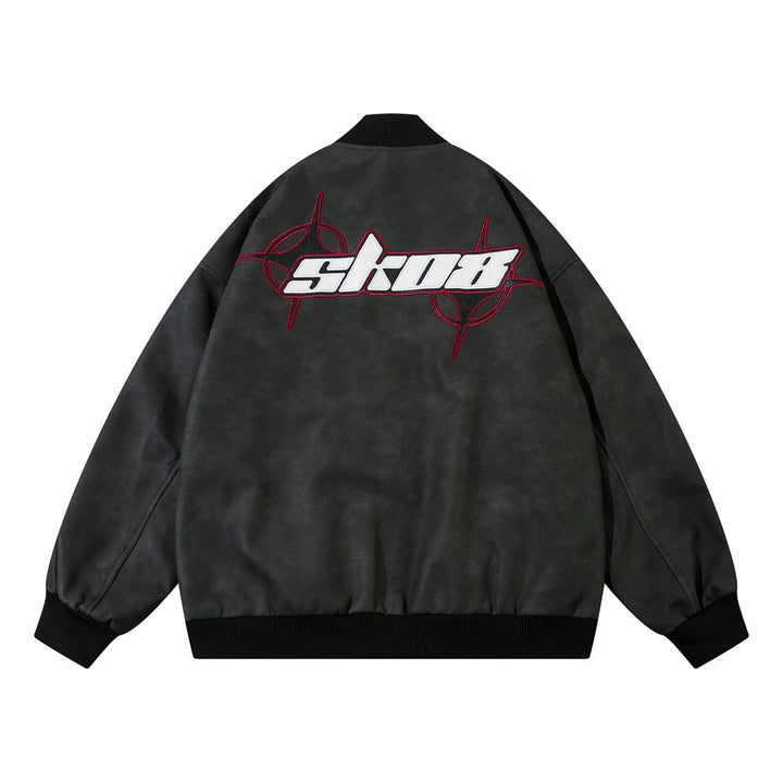 Cross Star Embroidery Letter Loose PU Leather Jacket Coat