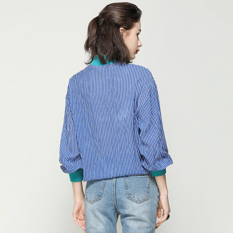 striped lantern sleeve ribbed blouse, view 6 - MRSLM