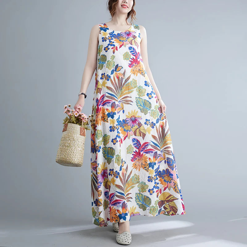 Langes Kleid aus Baumwoll-Leinen-Mischgewebe mit Blumenmuster