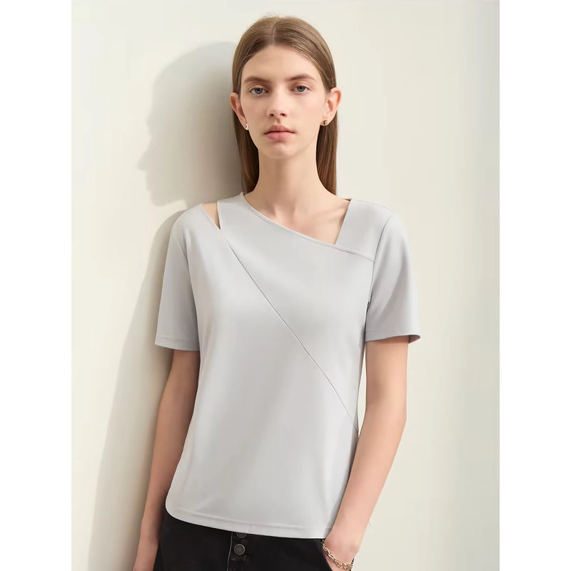 asymmetric V-neck short-sleeve slim top, view 2 - MRSLM