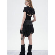 black denim mini skirt with ruffled hem, view 7 - MRSLM