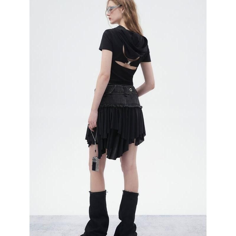 black denim mini skirt with ruffled hem, view 7 - MRSLM
