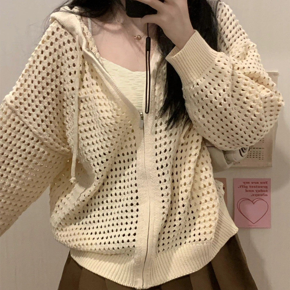 Women's Hollow-out Design Hooded Outwear Blouse Knitted Cardigan