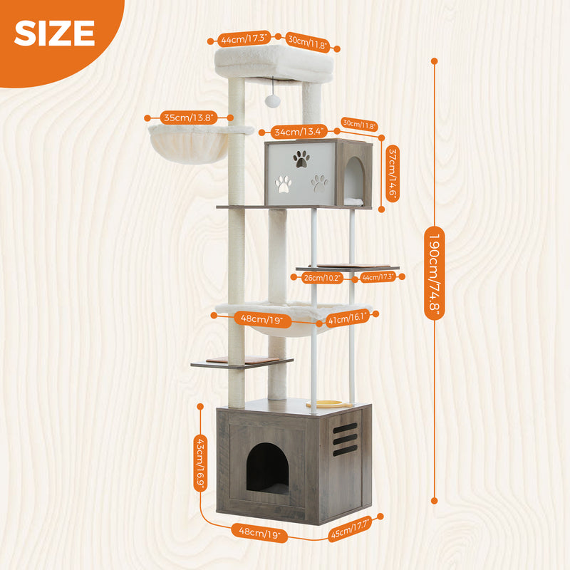 Árvore para gatos grande de vários níveis com espaçosas casinhas, redes e postes de sisal para arranhar.