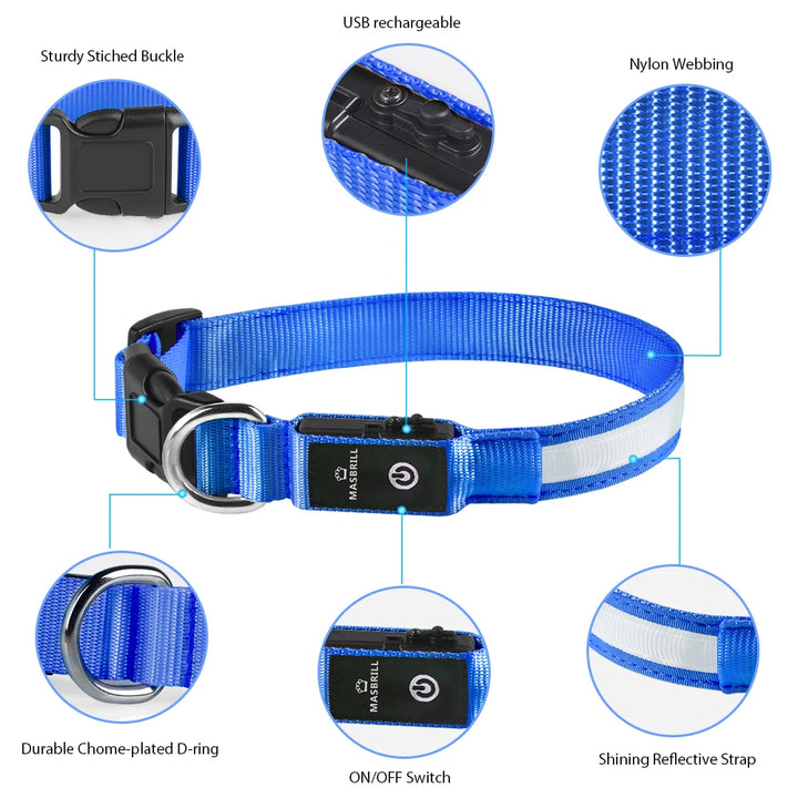 Adjustable LED Dog Collar - USB Rechargeable, Flashing Safety Light, Multiple Sizes